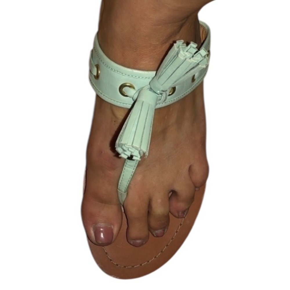Coach size 9.5 mint green sandal thong genuine leather gold detail & tassel - Picture 7 of 10